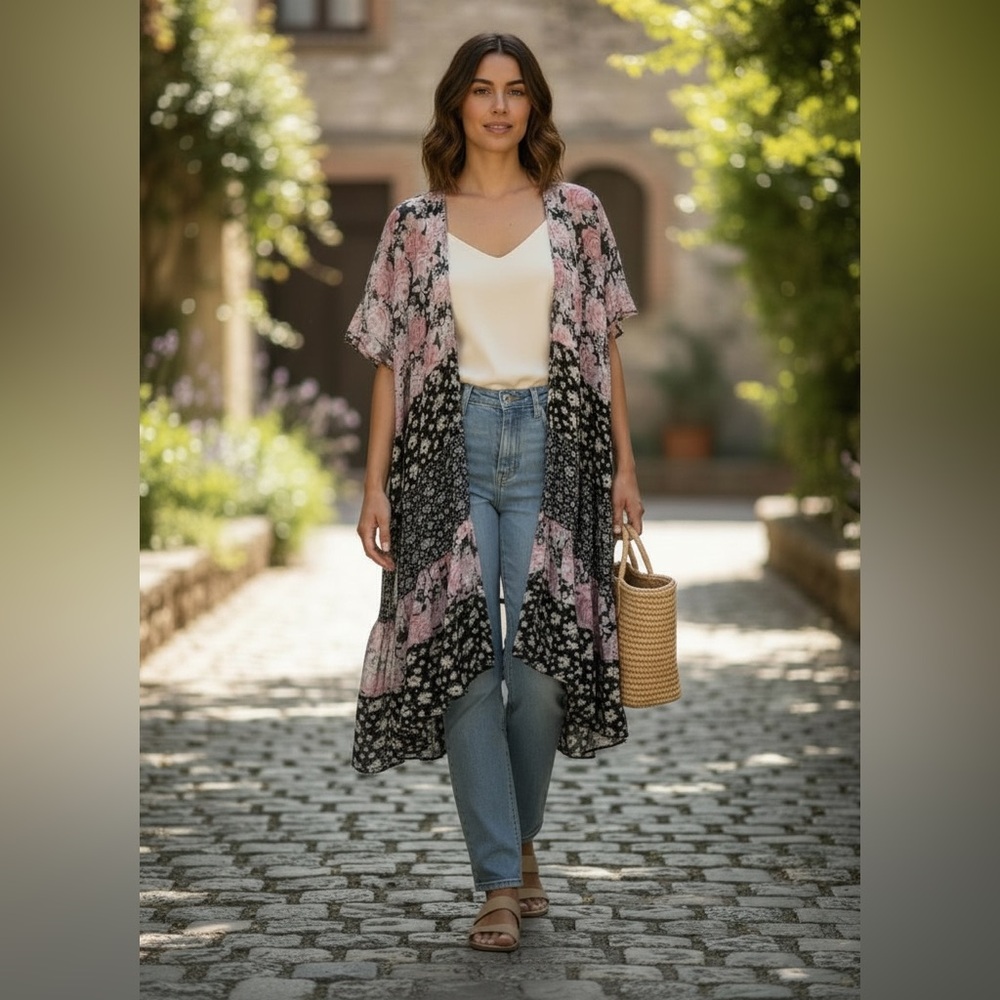 Umgee Floral Black and Pink Women's Open Front Kimono